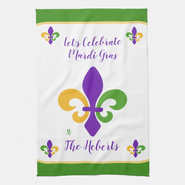 Mardi Gras NAME Green Gold Purple Fleur de Lis Tea Towel (Vertical)