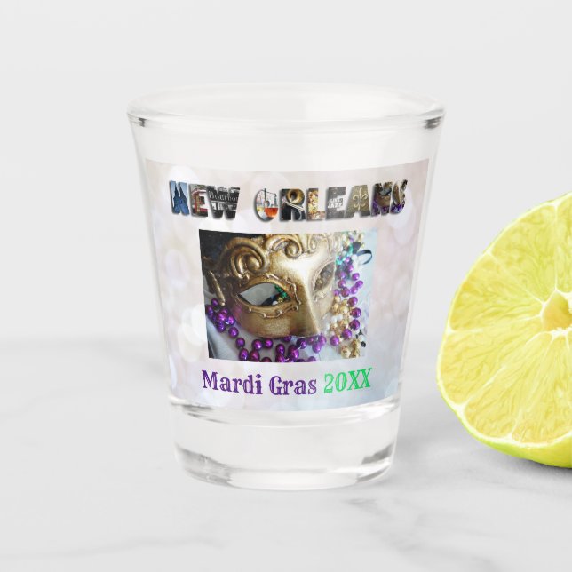 Mardi Gras New Orleans Beads Mask Nola  Shot Glass (Front)