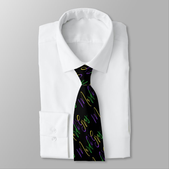 Mardi Gras New Orleans Carnival Colours Script Tie (Tied)