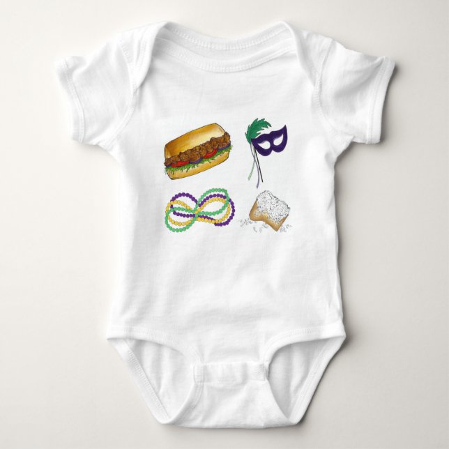 Mardi Gras NOLA New Orleans Mask Beads Beignet Baby Bodysuit (Front)
