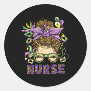 Mardi Gras Nurse Messy Bun Mask Beads Funny Mardi  Classic Round Sticker