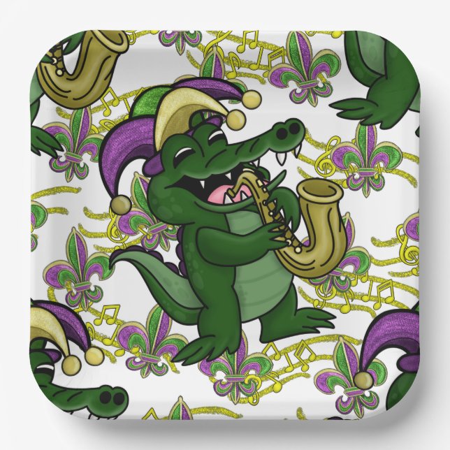 Mardi Gras Paper Plate-NOLA Gator Paper Plate (Front)