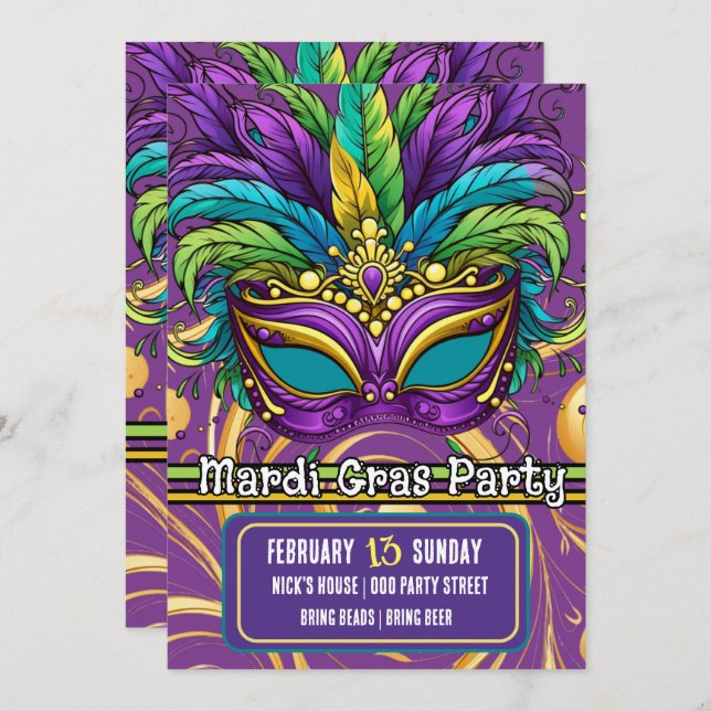 Mardi Gras Parade and Party Mask  Invitation (Front/Back)