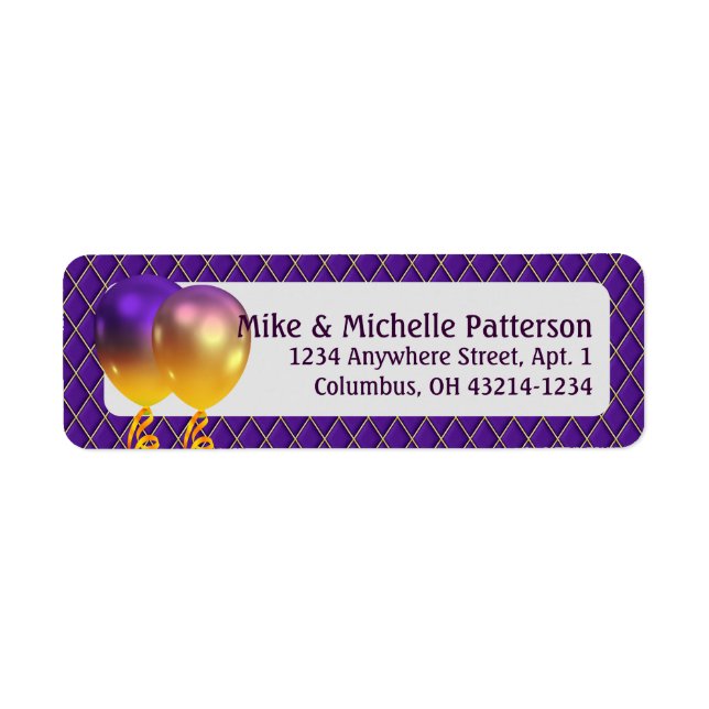 Mardi Gras Party Balloons & Purple Argyle Return Address Label (Front)