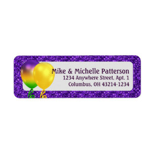 Mardi Gras Party Balloons & Purple Glitter Style Return Address Label