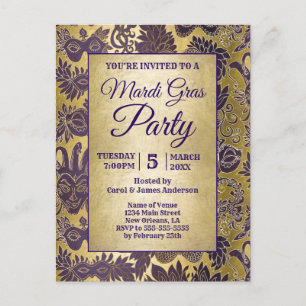 Mardi Gras Party Faux Gold Purple Mask Invitation Postcard