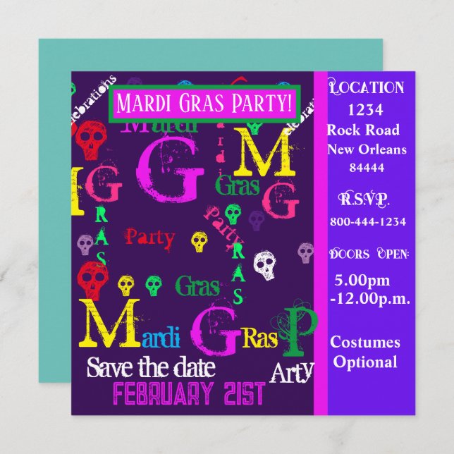 MARDI GRAS  Party   Invitation (Front/Back)