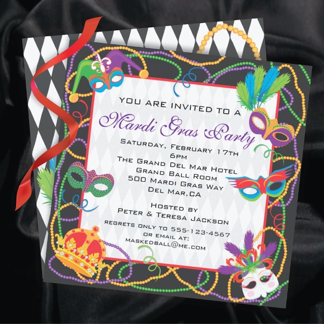 Mardi Gras  Party Invitation with Masks and Beads (Creator Uploaded)