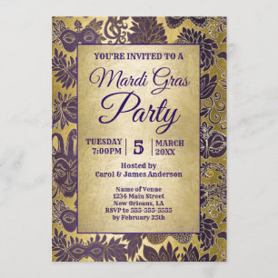 Mardi Gras Party Purple Faux Gold Mask Invitation