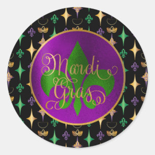 Mardi Gras Pattern with Beads on Black Classic Round Sticker