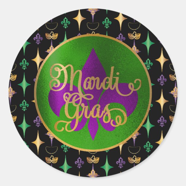 Mardi Gras Pattern with Beads on Black Classic Round Sticker (Front)