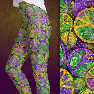 Mardi Gras Peace Signs in Purple Green and Gold Leggings
