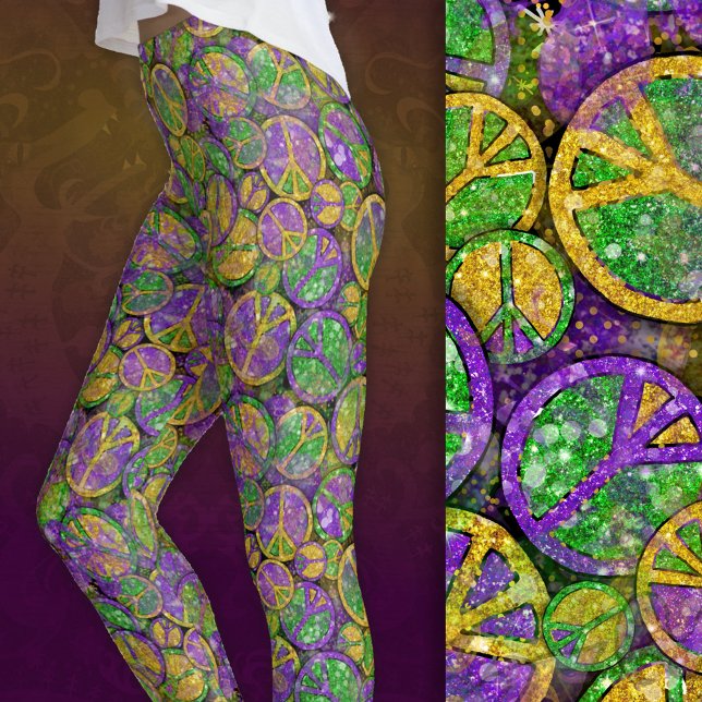 Mardi Gras Peace Signs in Purple Green and Gold Leggings (Close-up of design on Mardi Gras tossed peace sign leggings.)