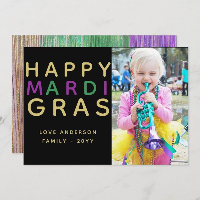 Mardi Gras Photo Card - Modern Purple Green Gold (Front/Back)