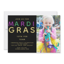 Mardi Gras Photo Invitation - Modern Purple Green