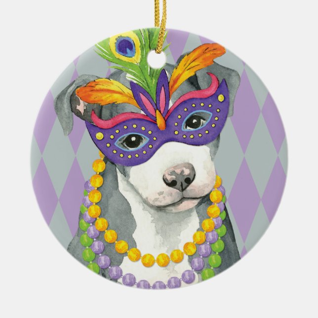 Mardi Gras Pit Bull Terrier Ceramic Tree Decoration (Front)