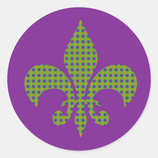 Mardi Gras Plaid Fleur de Lis Classic Round Sticker (Front)