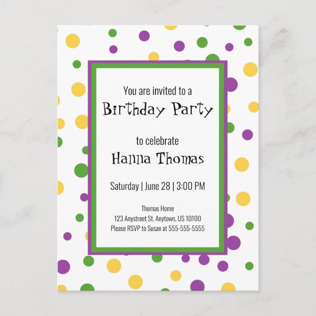 Mardi Gras Polka Dot Playful Birthday Invitation (Front)