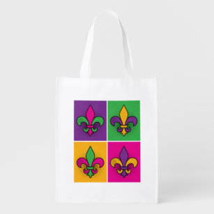 Mardi Gras Pop Art Fleur de Lis Reusable Grocery Bag