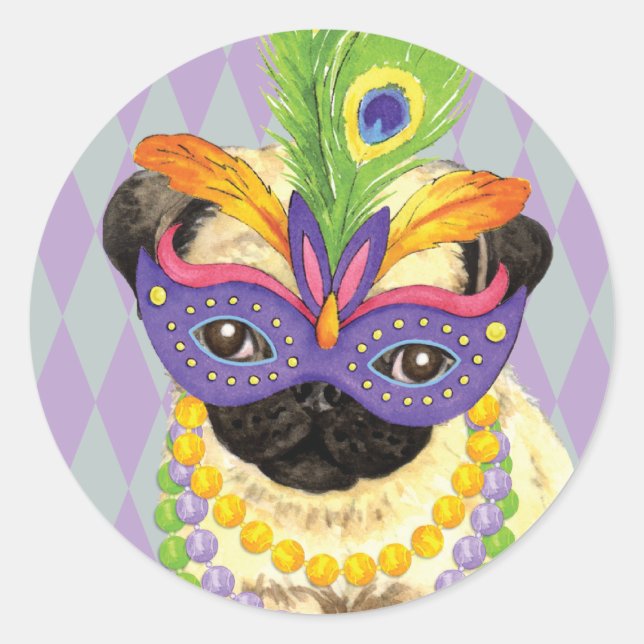 Mardi Gras Pug Classic Round Sticker (Front)
