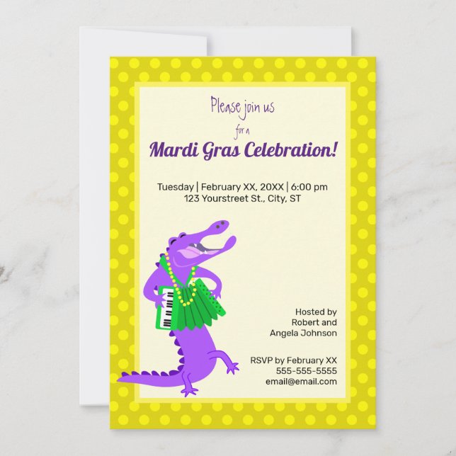 Mardi Gras Purple Alligator Invitation (Front)