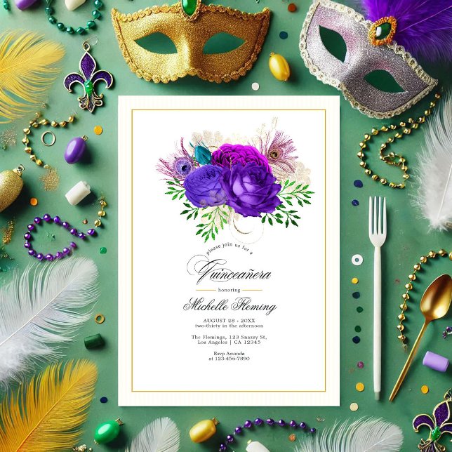 Mardi Gras Purple and Hot-Pink Floral Quinceañera Invitation (Mardi Gras Purple and Hot-Pink Floral Quinceañera Invitation)