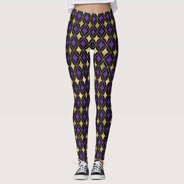MARDI GRAS PURPLE BLACK GOLD ACTIVE LEGGINGS (Front)