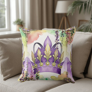 Mardi Gras Purple Crown Green & Gold Watercolor Cushion