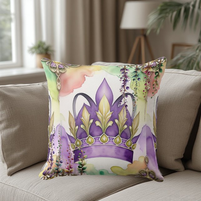 Mardi Gras Purple Crown Green & Gold Watercolor  Cushion (Mardi Gras Purple Crown Green & Gold Watercolor Throw Pillow)