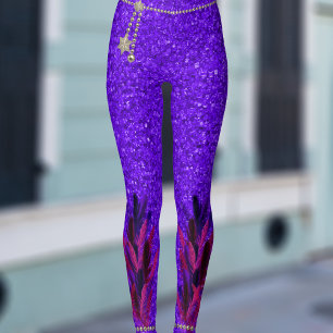 Mardi Gras Purple Faux Feathers Glitter Leggings