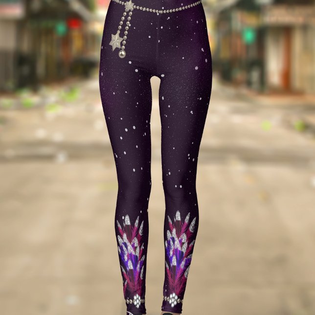 Mardi Gras Purple Glitter Feather Pendant Leggings (Have fun at the Mardi Gras Carnival in a pair of these faux feather pendant leggings!)