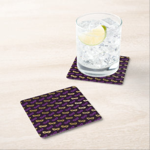 Mardi Gras Purple Golden Carnival Masks NOLA Square Paper Coaster