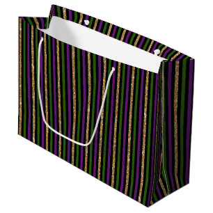 Mardi Gras Purple Green Black Faux Gold Stripes  Large Gift Bag