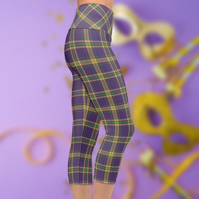 Mardi Gras Purple Green Gold Plaid Capri Leggings (A fun purple, green and gold plaid capri leggings perfect for mardi gras and beyond)