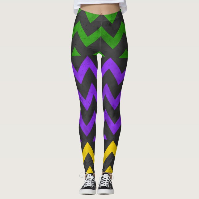 Mardi Gras Purple Green Yellow Chevron lines Leggings (Front)