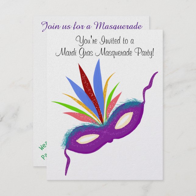 Mardi Gras Purple Mask Masquerade Ball Invitation (Front/Back)