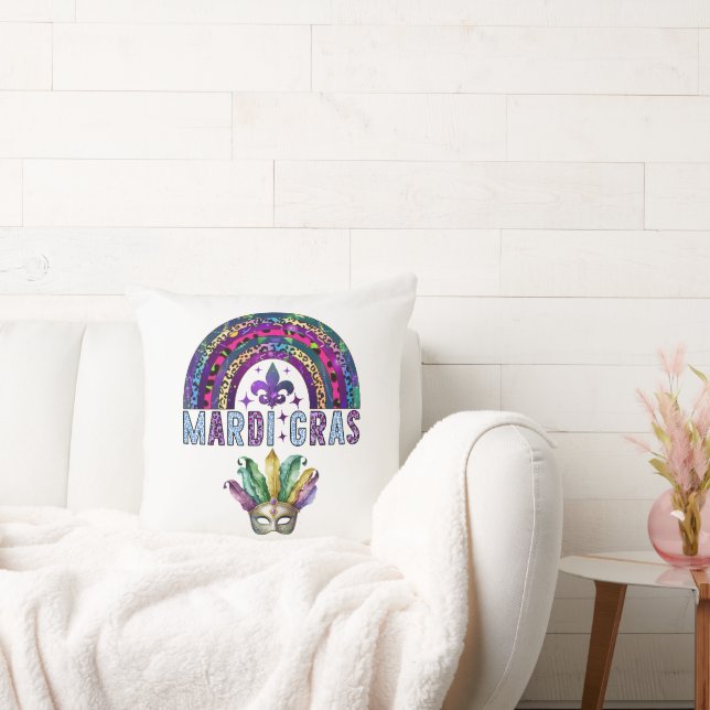 Mardi Gras Rainbow and Mask Throw Pillow (Couch)