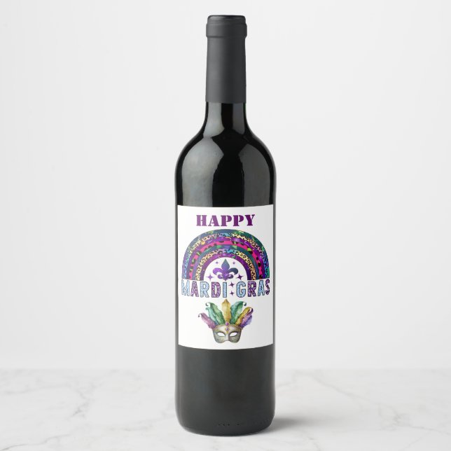 Mardi Gras Rainbow and Mask Wine Label (Front)