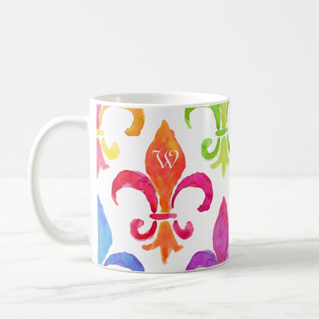Mardi Gras Rainbow Fleur de lis Monogram Coffee Mug (Left)