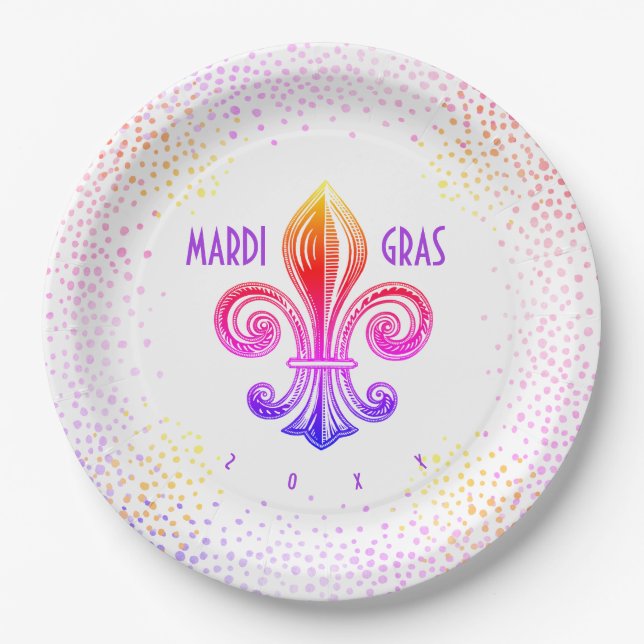 Mardi Gras Rainbow Fleur De Lis with Confetti Paper Plate (Front)