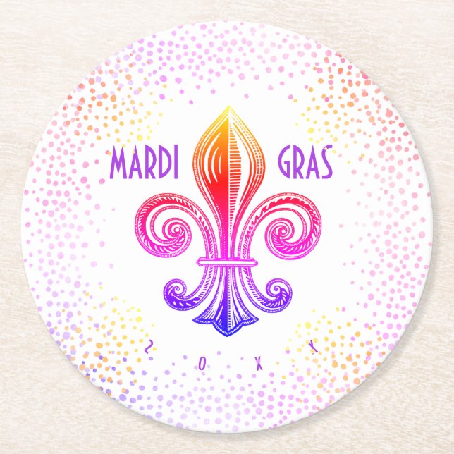 Mardi Gras Rainbow Fleur De Lis with Confetti Round Paper Coaster (Front)