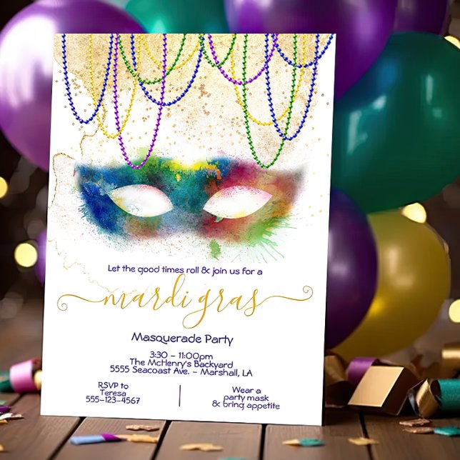 Mardi Gras Rainbow Watercolor Masquerade Party Invitation (Creator Uploaded)