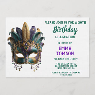 Mardi Gras Regal Feather Mask Birthday Invitation
