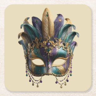 Mardi Gras Regal Feather Mask Square Paper Coaster