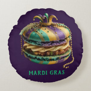 Mardi Gras Royal Macaron Birthday Round Cushion