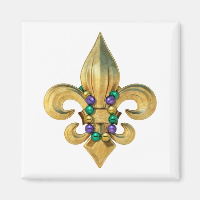 Mardi Gras Royalty Fleur de Lis Symbol with Beads Magnet (Front)