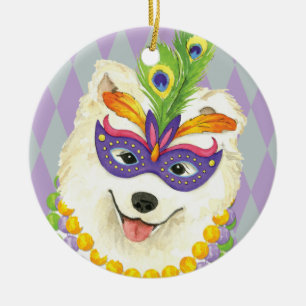 Mardi Gras Samoyed Ceramic Ornament