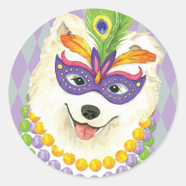Mardi Gras Samoyed Classic Round Sticker (Front)