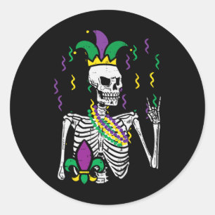 Mardi Gras Skeleton Rock Hand Funny Tee Rocker Men Classic Round Sticker