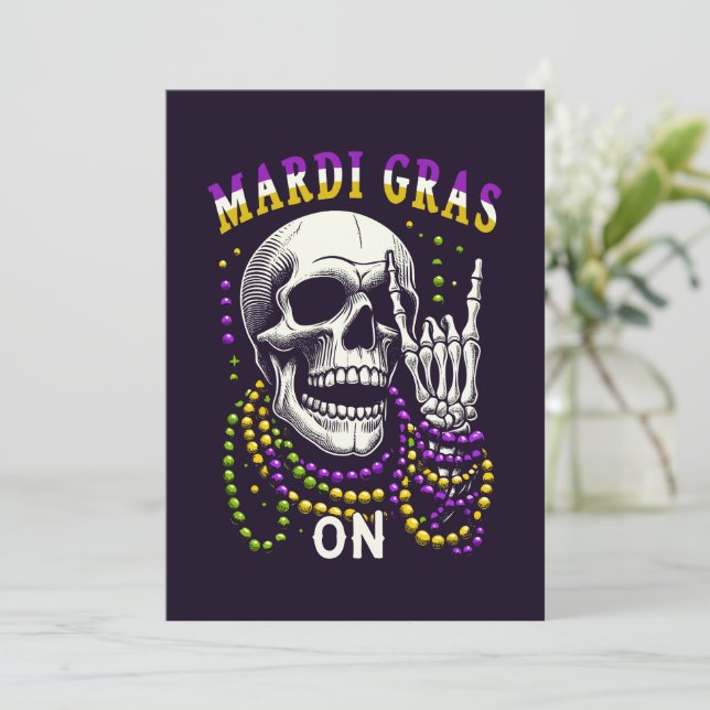 Mardi Gras Skeleton Rock On Holiday Card (Standing Front)